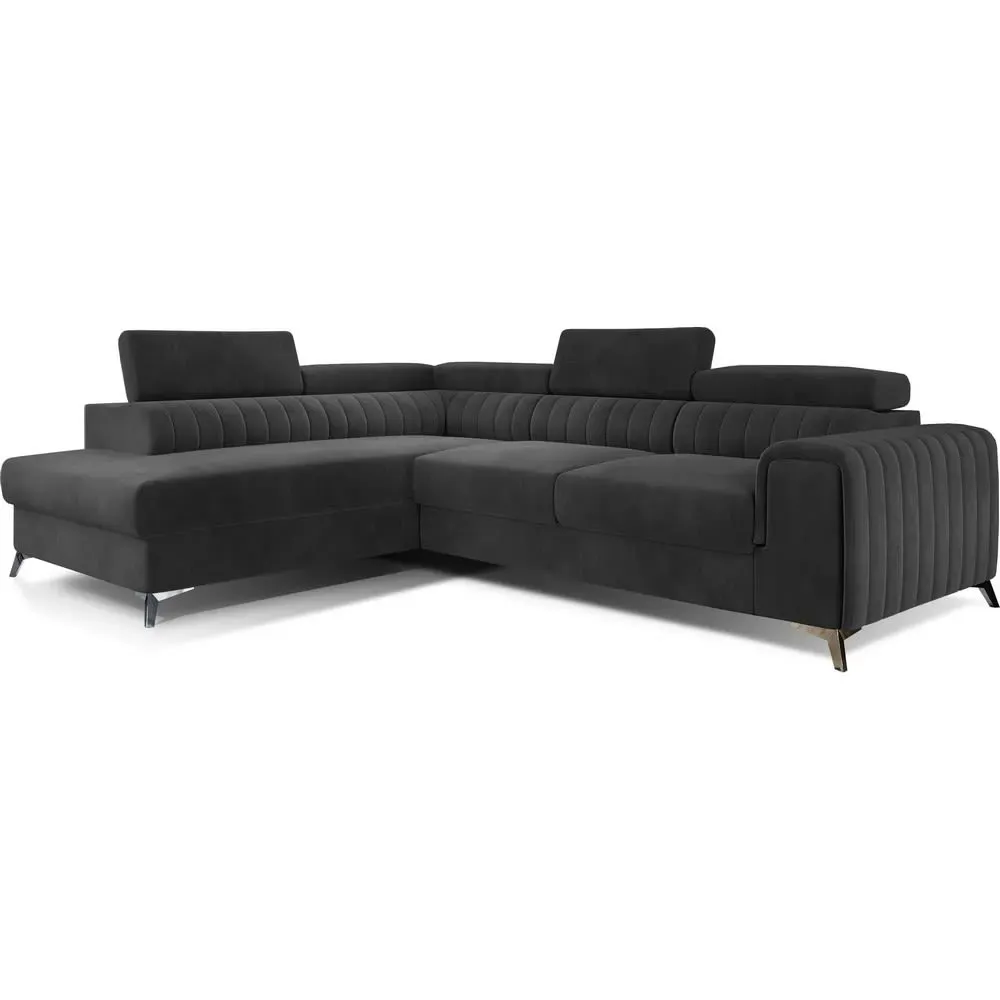 Canapé d'angle gauche convertible en velours gris foncé 5 places