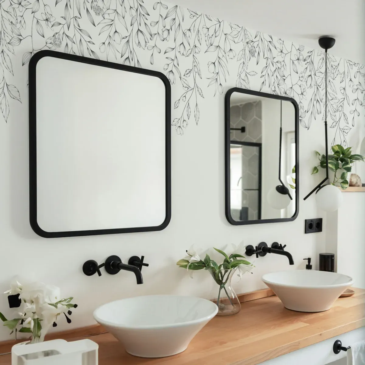 Papier peint panoramique florale noir et blanc 450x250cm