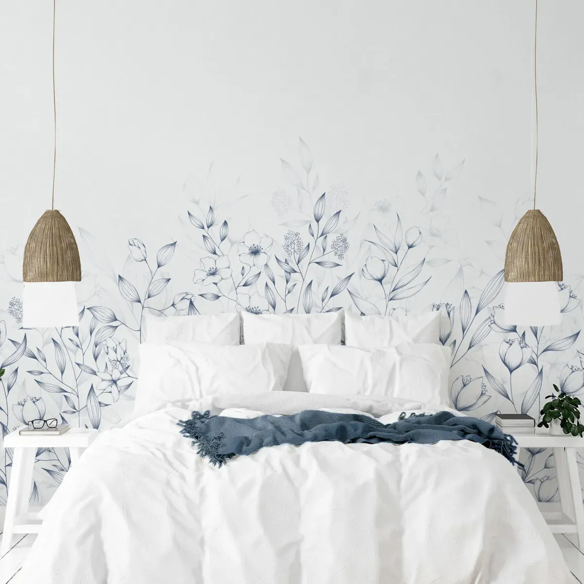 Papier peint panoramique poésie végétale bleu 150x250cm