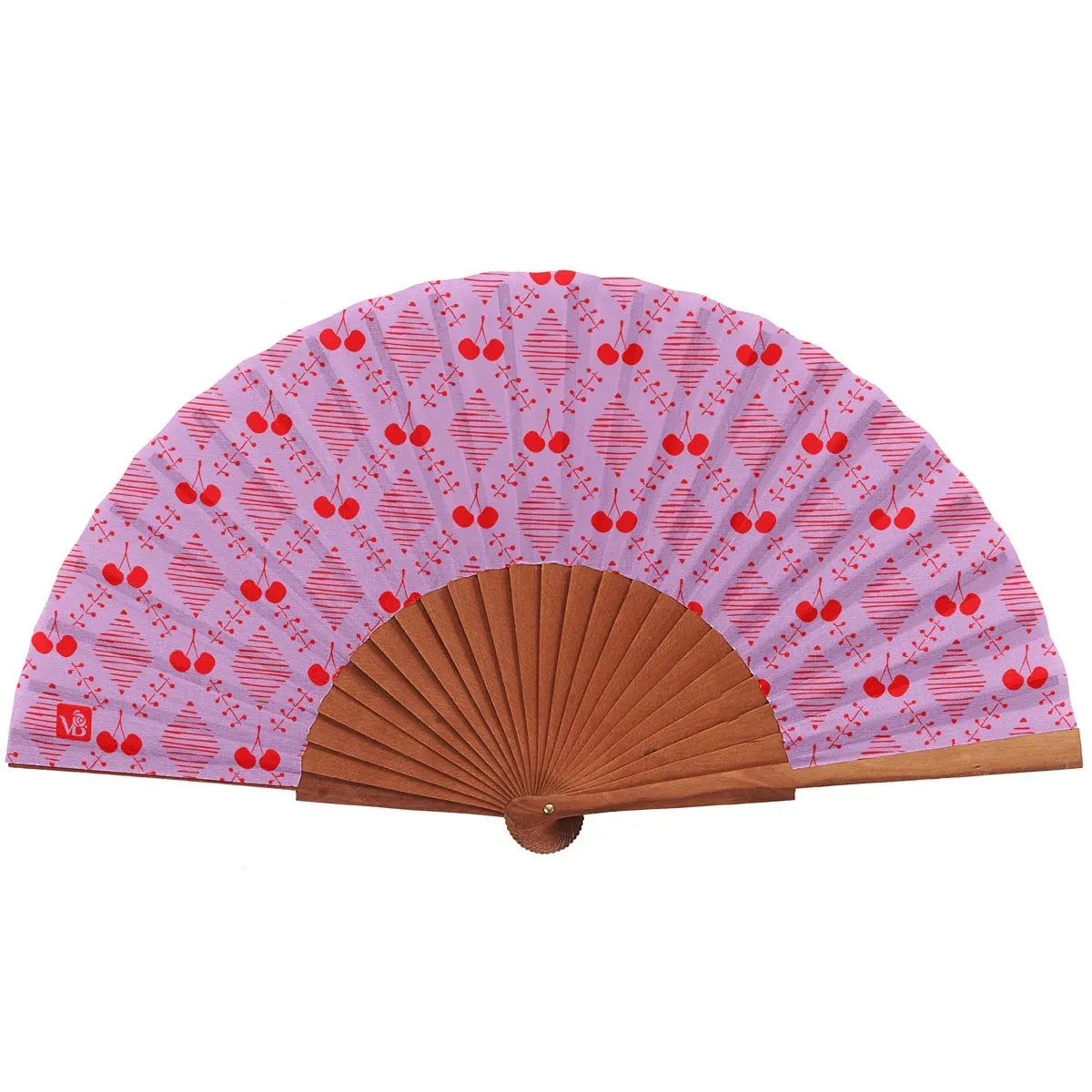 Eventail bois de merisier motif cerises rouge