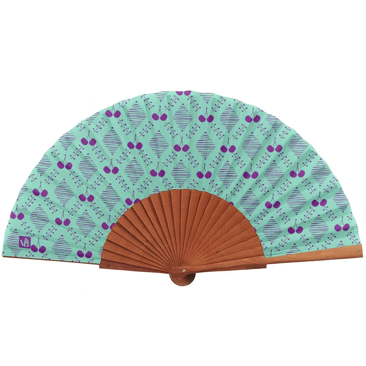 Eventail bois de merisier motif cerises mauve