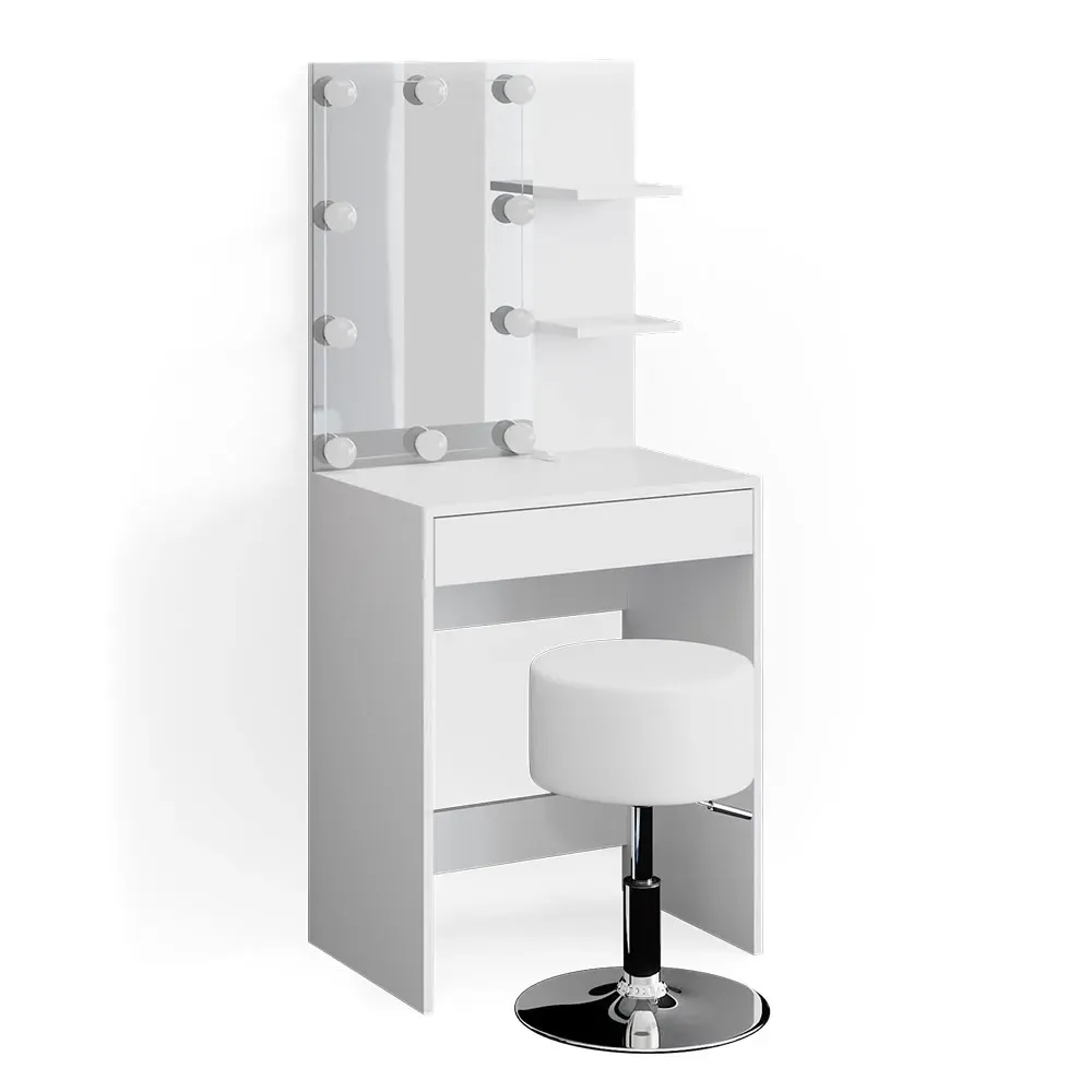 Coiffeuse avec éclairage LED et tabouret, Blanc 60 x 140cm