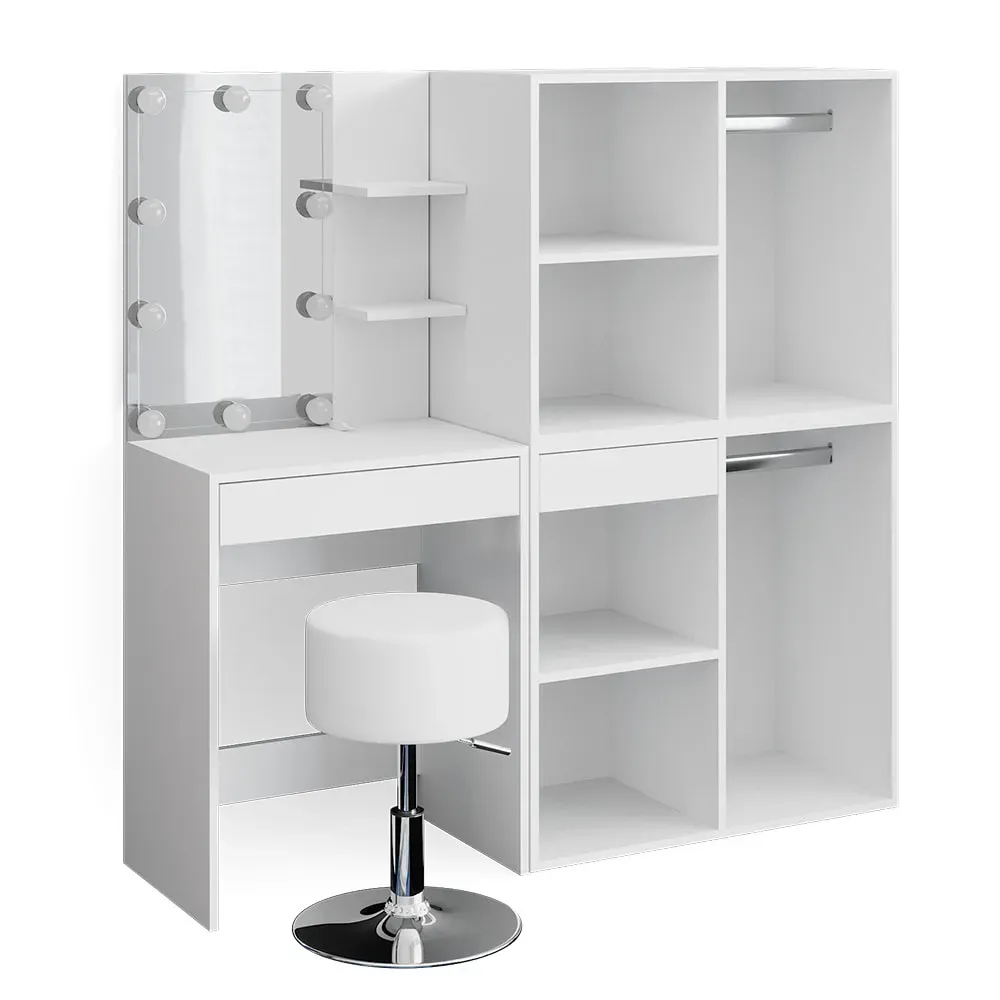 Coiffeuse avec LED, tabouret et armoire, Blanc 60 x 140cm