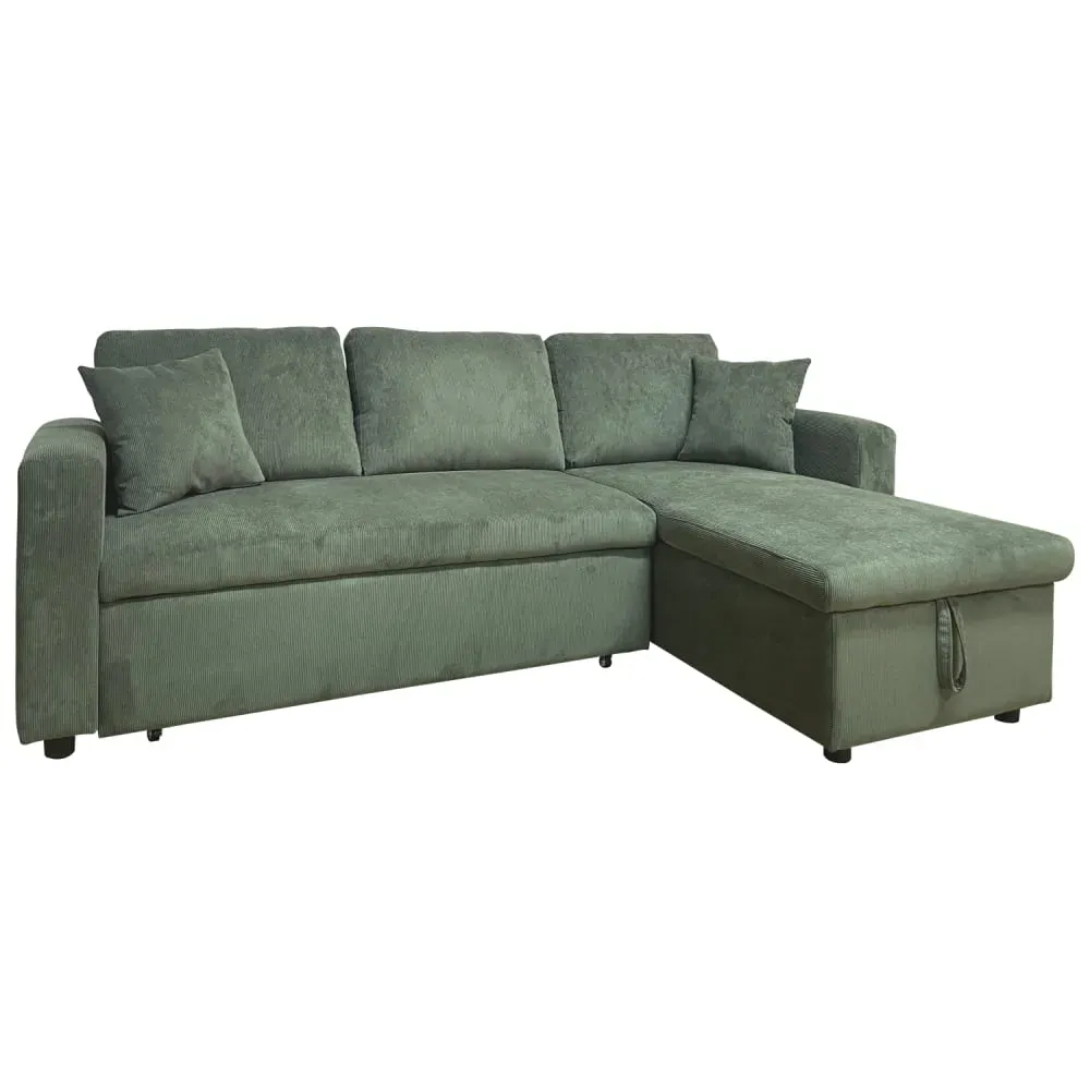 Canapé d'angle convertible 3 places en velours côtelé vert