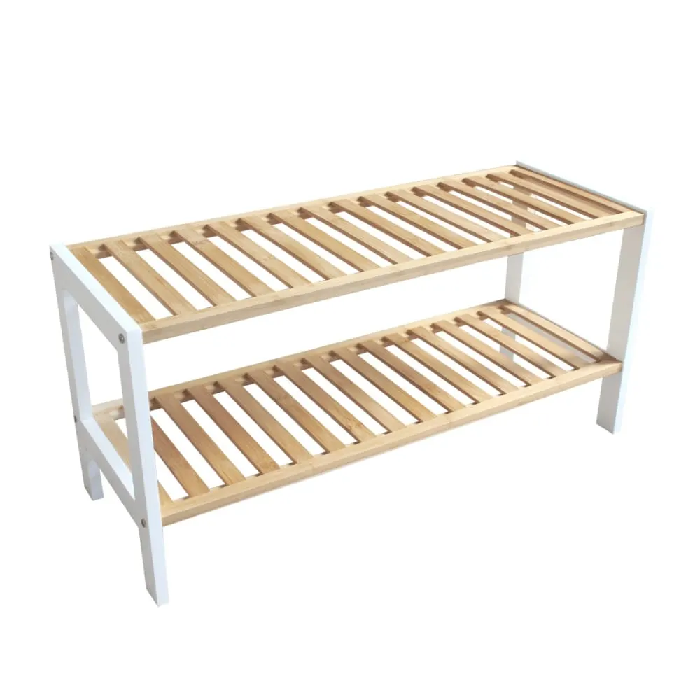Étagère à chaussures avec 2 niveaux en bambou blanc 70 x 26 x 33,5 cm