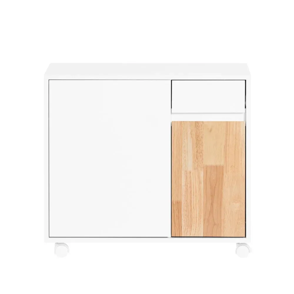 Caisson de bureau à roulettes avec tiroir et portes effet bois blanc