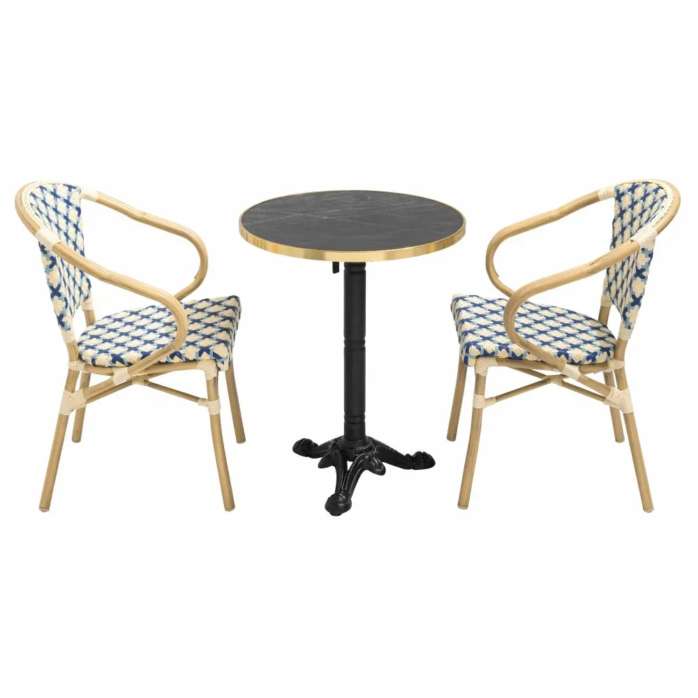 Ensemble table de terrasse marbre noir et 2 chaises bleu
