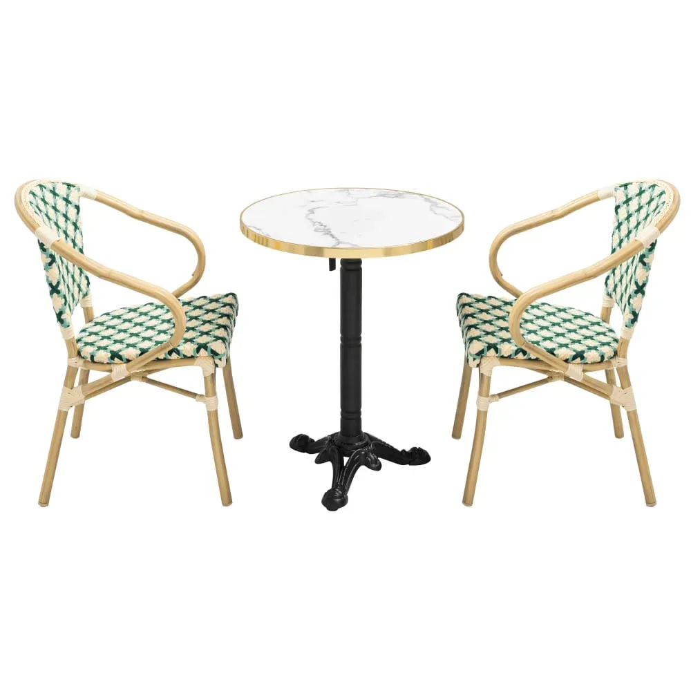 Ensemble table de terrasse marbre blanc et 2 chaises vert