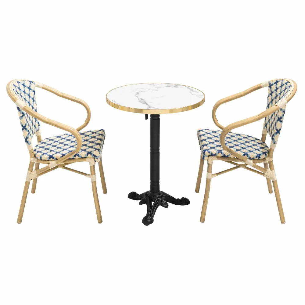 Ensemble table de terrasse marbre blanc et 2 chaises bleu