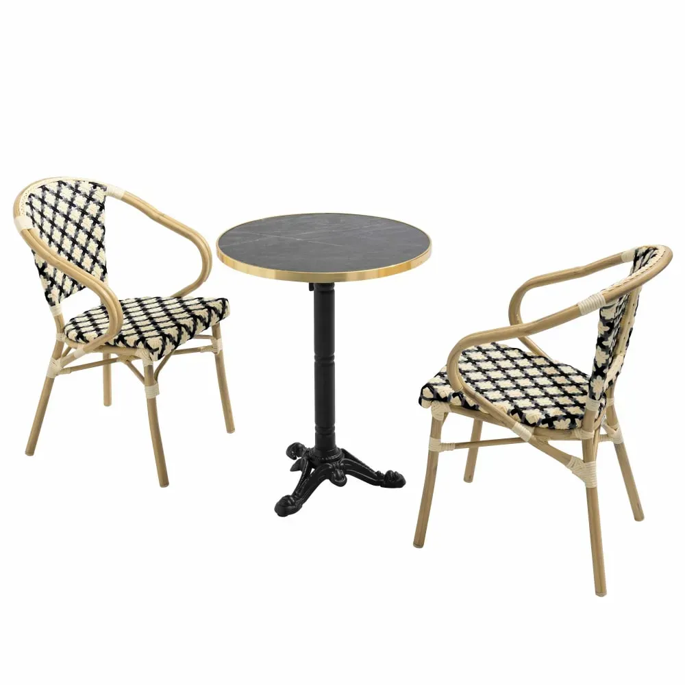 Ensemble table de terrasse marbre noir et 2 chaises noir