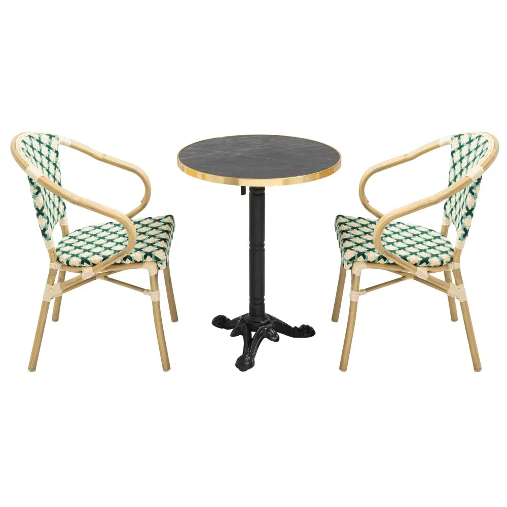 Ensemble table de terrasse marbre noir et 2 chaises vert