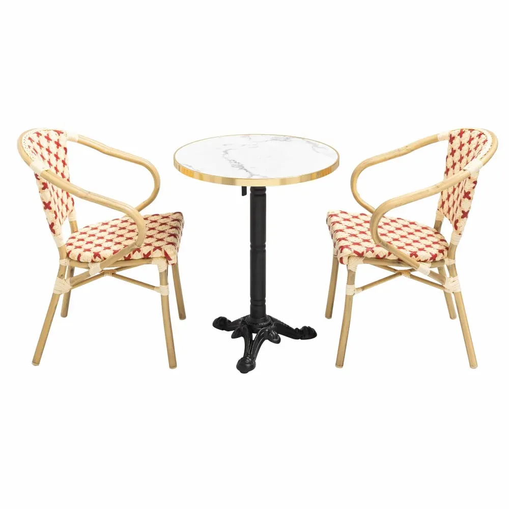 Ensemble table de terrasse marbre blanc et 2 chaises rouge