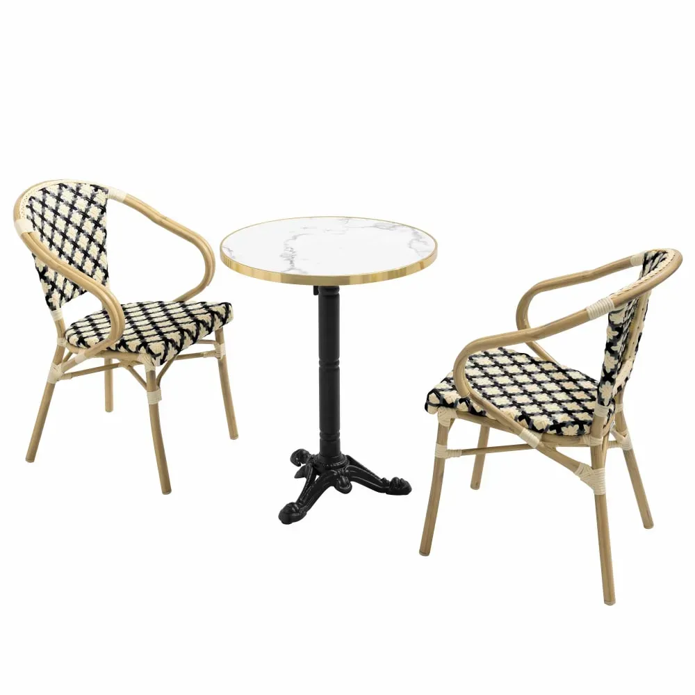 Ensemble table de terrasse marbre blanc et 2 chaises noir
