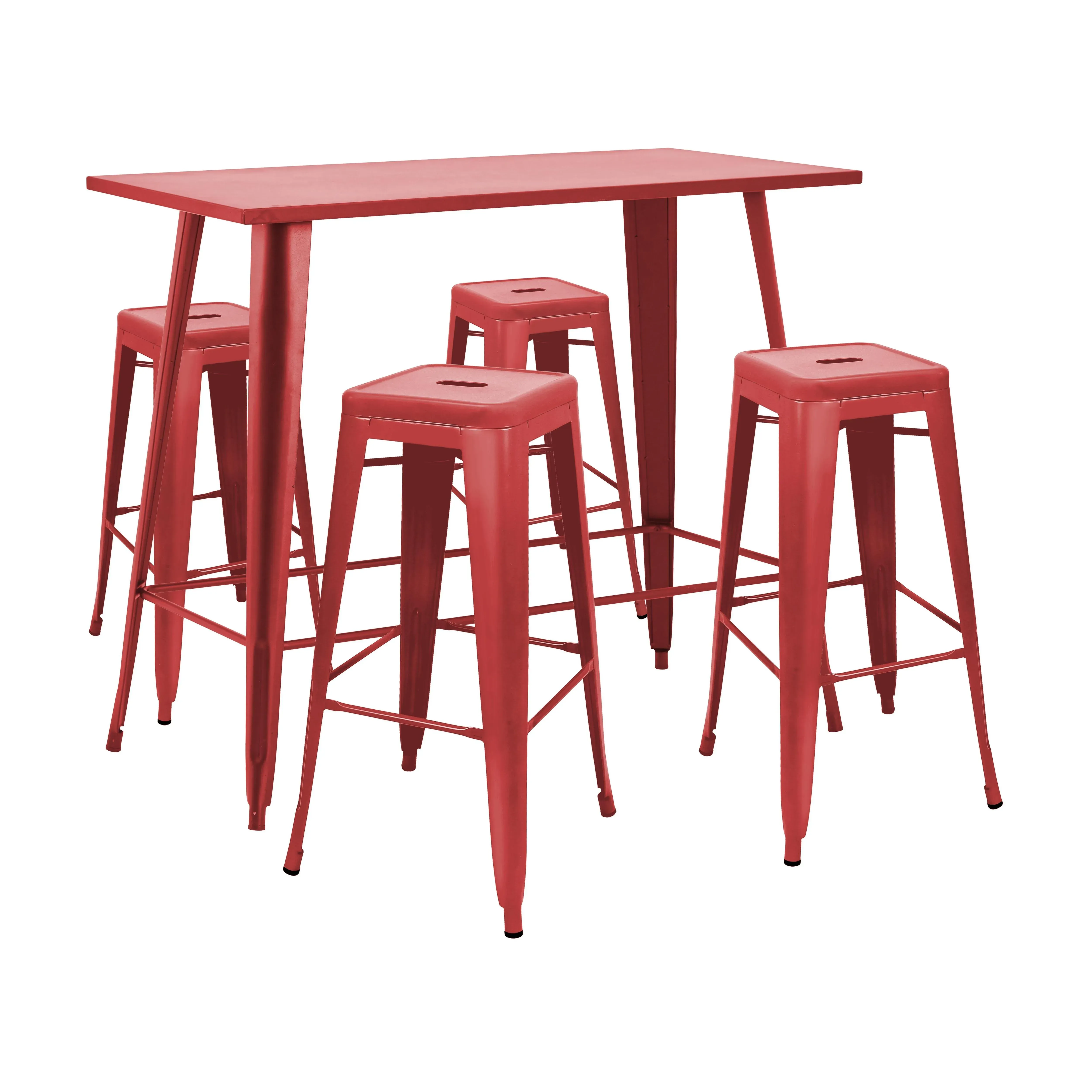 Table haute de jardin et 4 tabourets en métal rouge