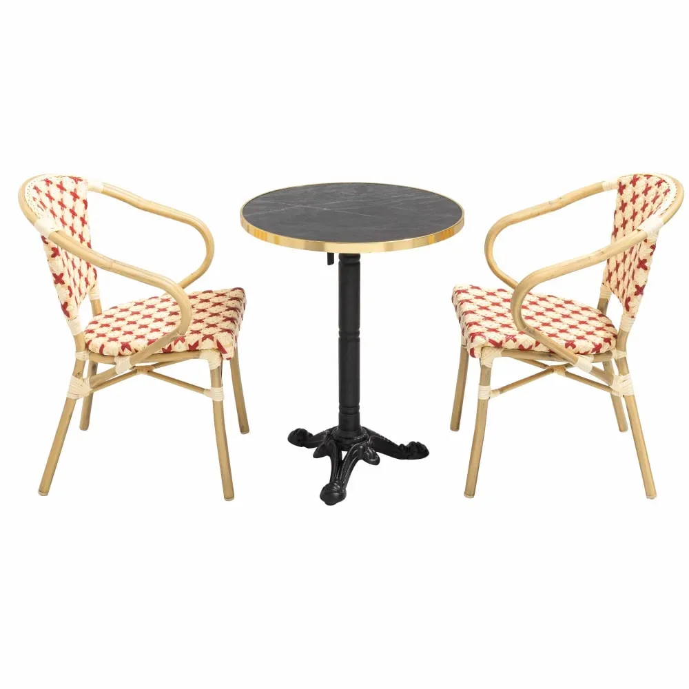 Ensemble table de terrasse marbre noir et 2 chaises rouge