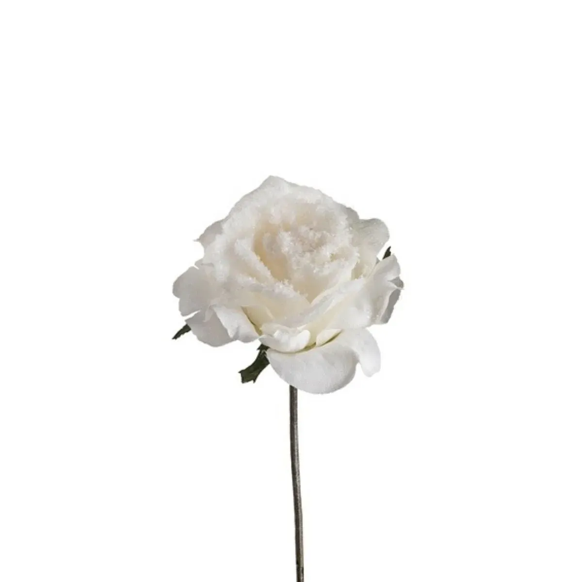 Tige de rose artificielle enneigée ouverte blanche H28
