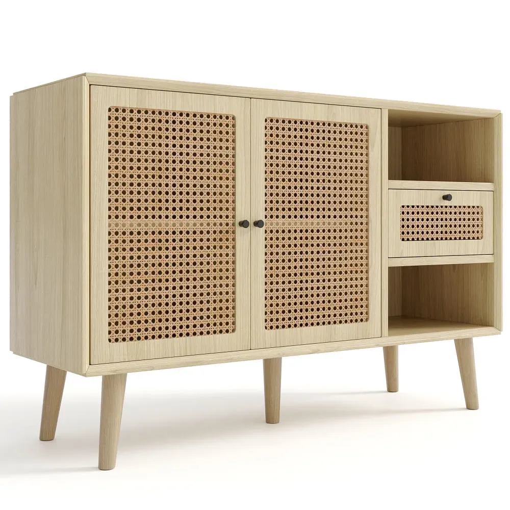 Buffet effet bois chêne et tissage en rotin avec 1 tiroir et 2 portes
