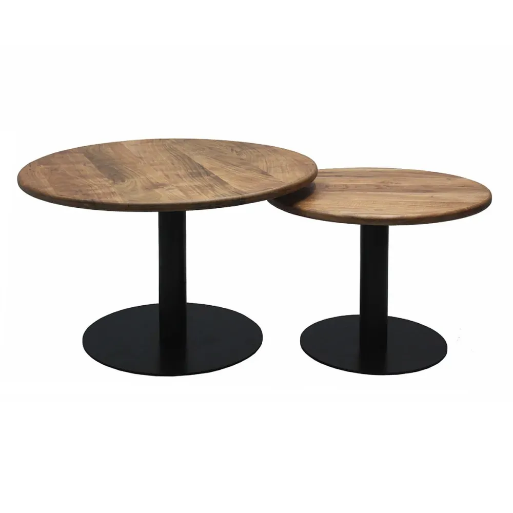 Lot  de 2 tables plateau manguier massif pieds métal noir