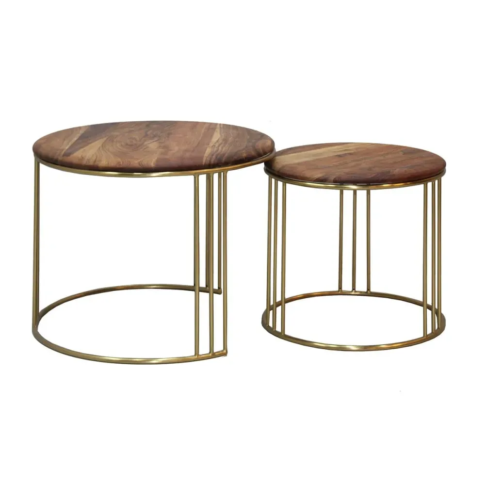 Lot  de 2 tables gigogne plateau en acacia massif piètement acier doré