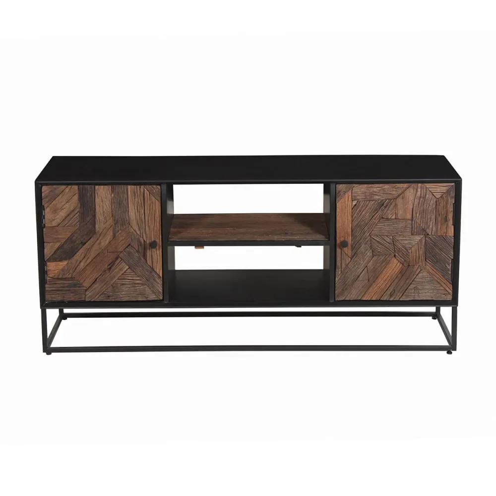 Meuble  tv 2 portes 2 niches en métal noir et bois recyclé