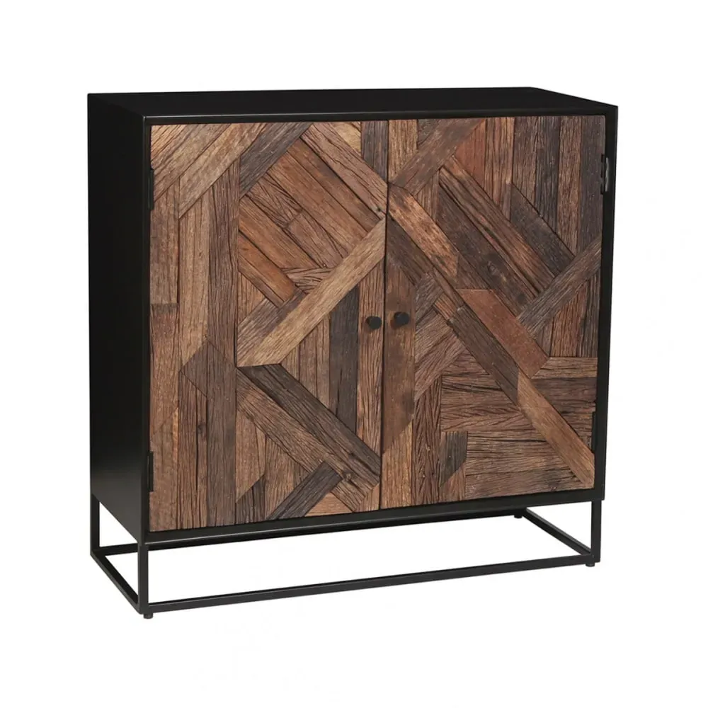 Meuble de rangement 2 portes en métal noir et bois recyclé