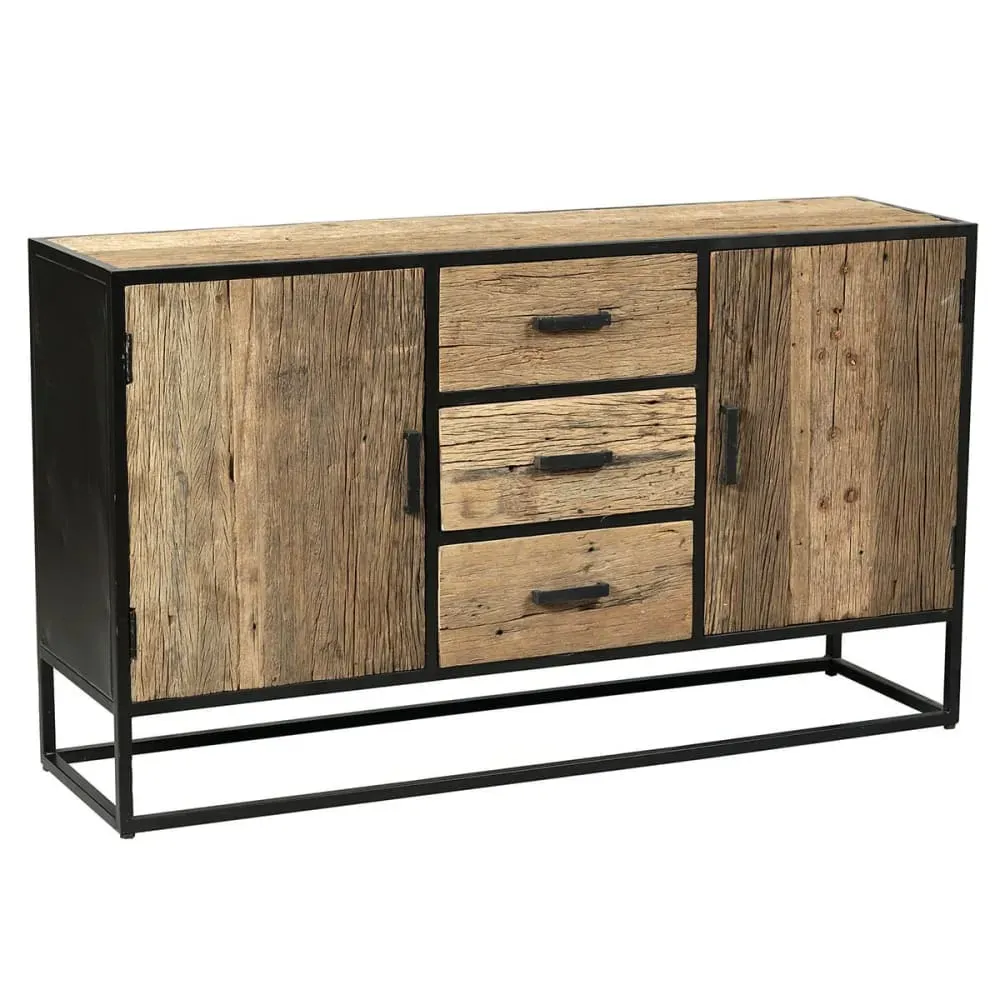 Buffet 2 portes 3 tiroirs en teck recyclé et métal