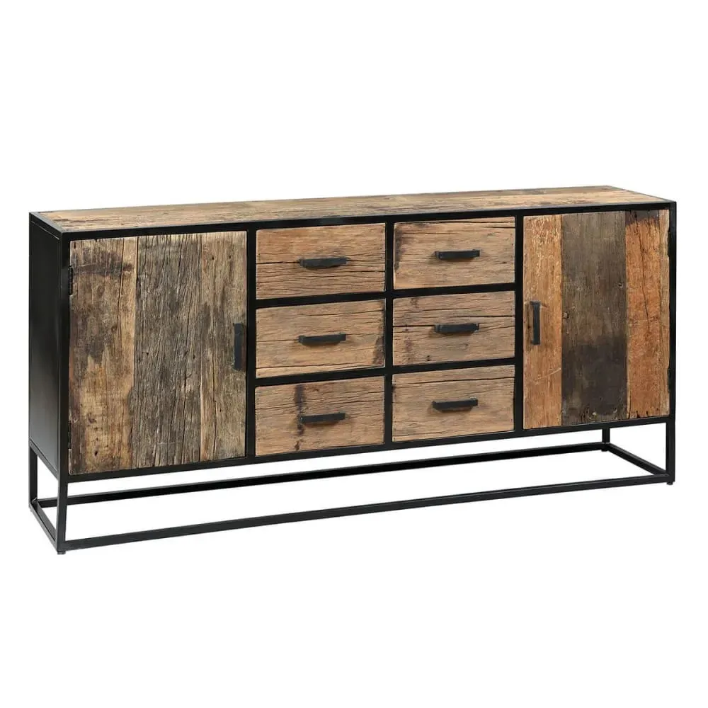 Buffet 2 portes 6 tiroirs en teck recyclé et métal