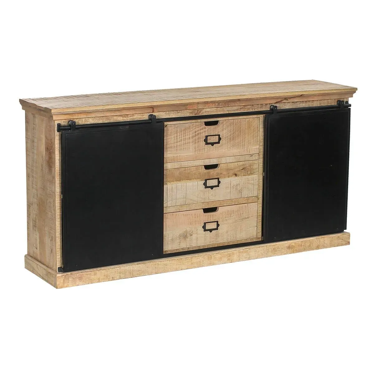 Bahut en manguier 3 tiroirs et 2 portes coulissantes métal laqué noir