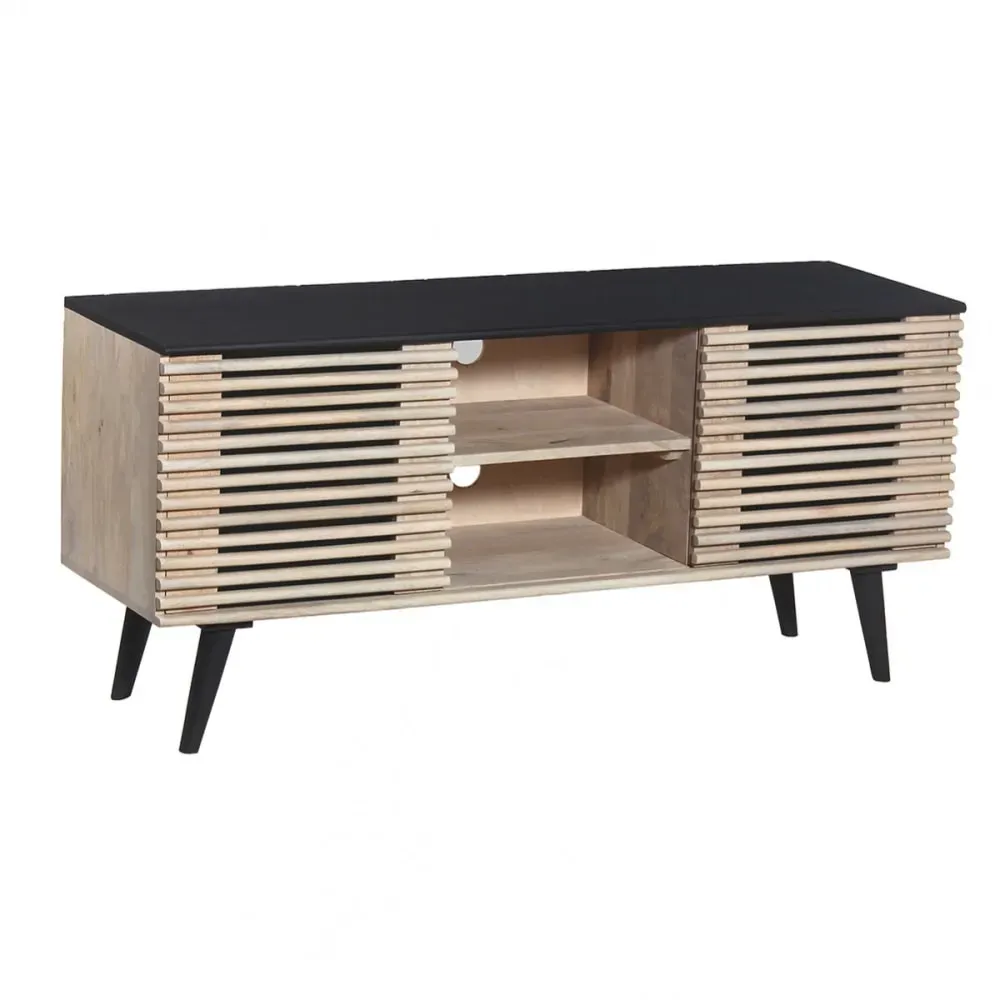 Meuble  tv en manguier massif et noir façades ajourées coulissantes