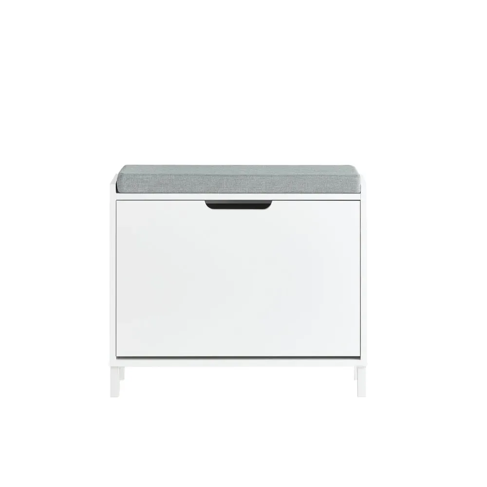 Banc à chaussures effet bois blanc avec siège rembourré et 1 abattant