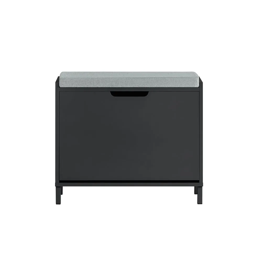 Banc à chaussures effet bois noir avec siège rembourré et 1 abattant