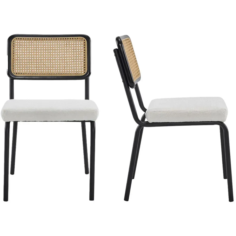 Lot de 2 chaises noires, cannage et tissu bouclé écru