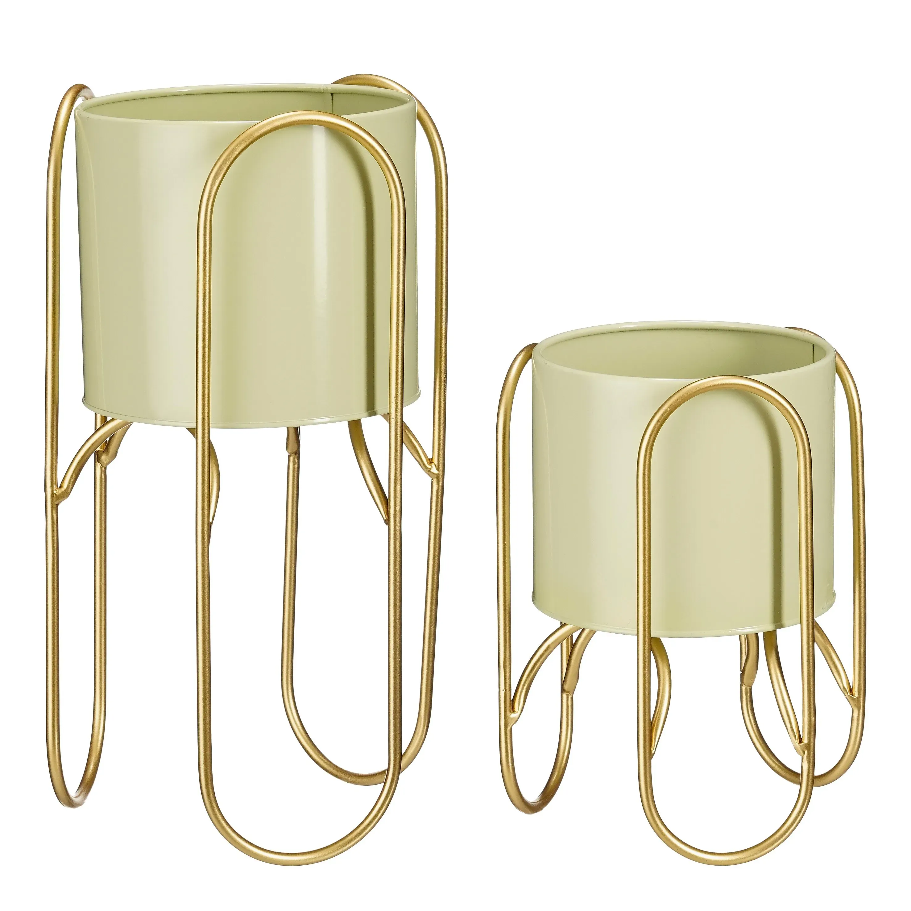 Lot de 2 cache-pots sur pied en métal vert clair et doré H45