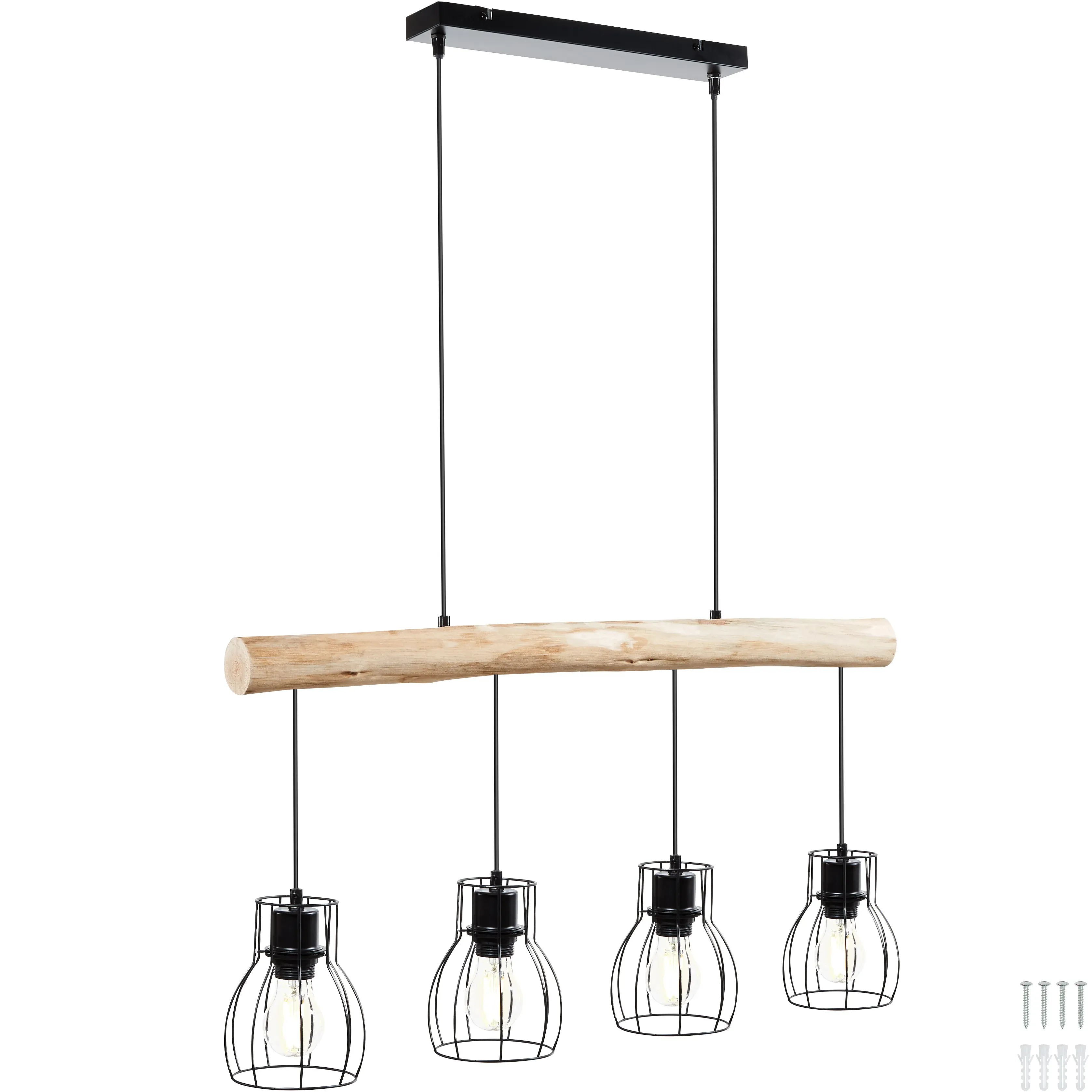 Lampes suspendues style industriel poutre en bois et 4 ampoules 40 W