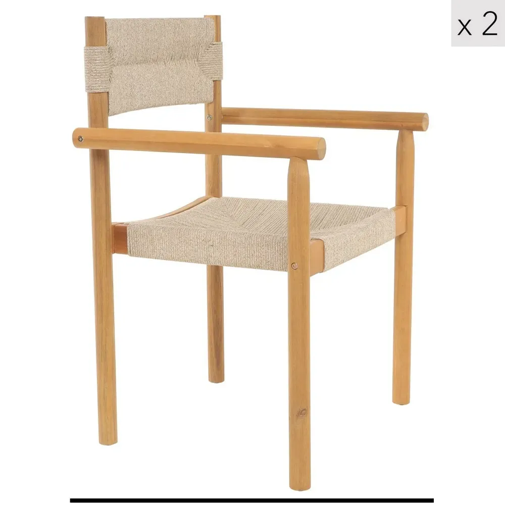 Lot de 2 Chaises intérieur extérieur en acacia massif et corde