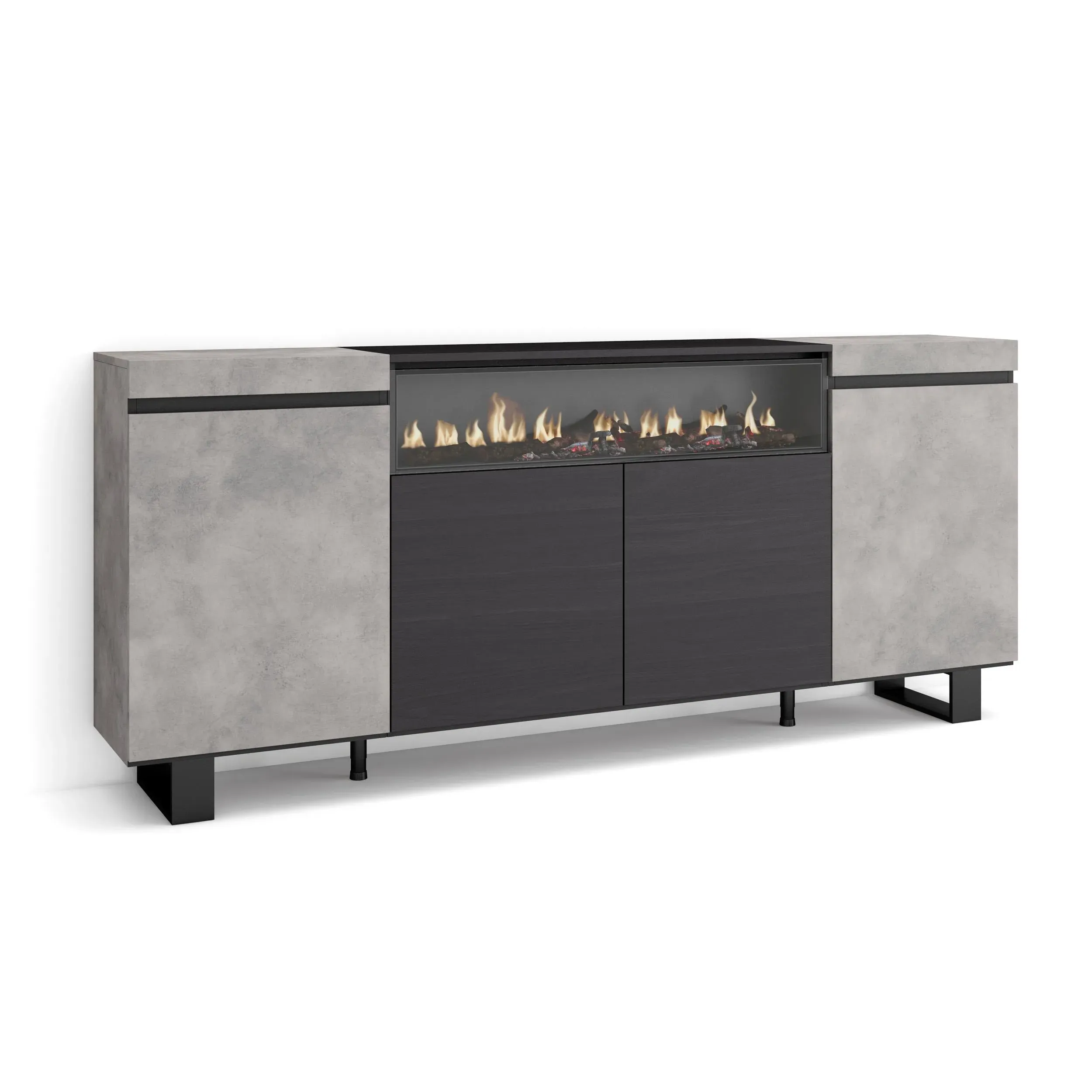 Buffet effet bois ciment 200x35x87cm cheminée effet feu