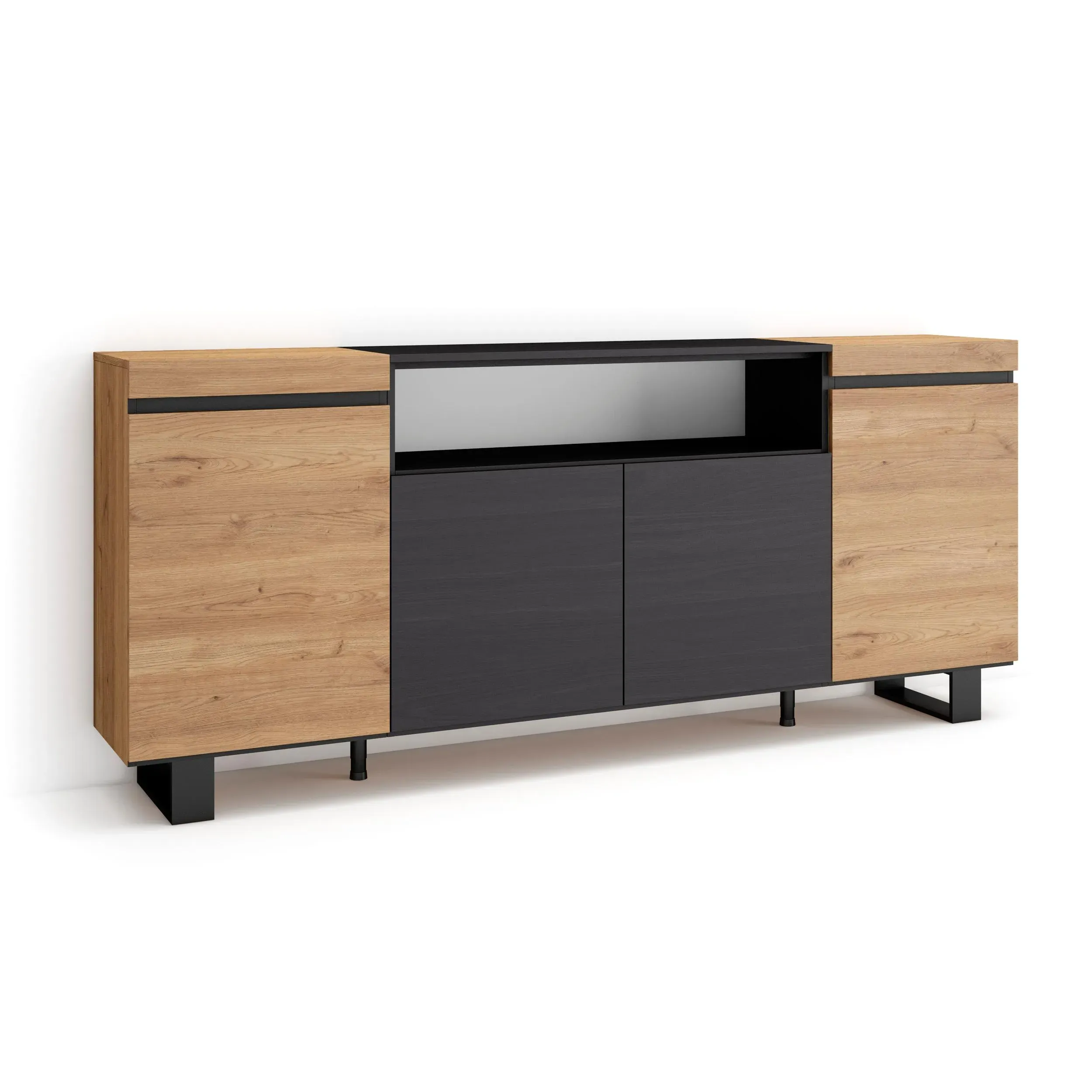 Buffet effet bois de chêne et noir 200x35x87cm avec pieds