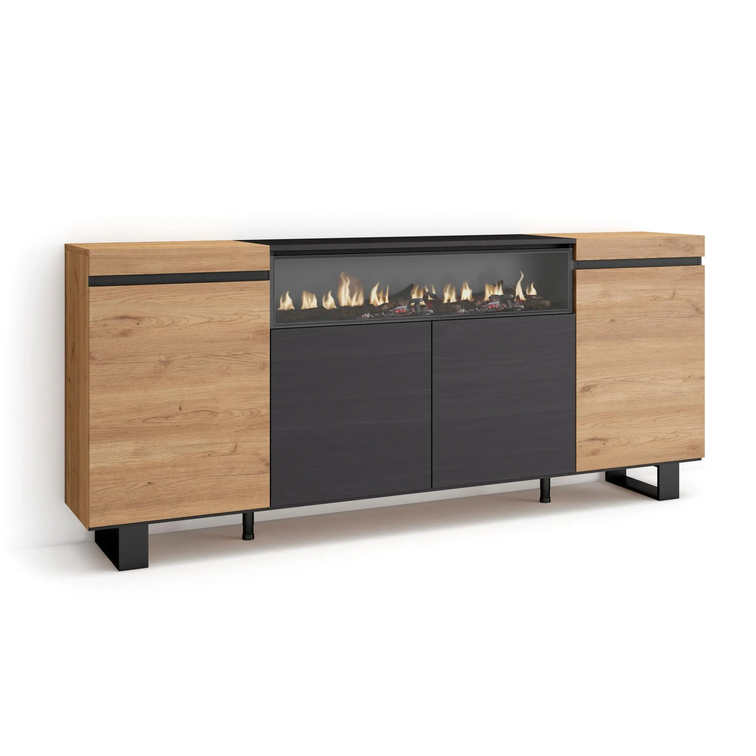 Buffet effet bois de chêne et noir 200x35x87cm cheminée effet feu