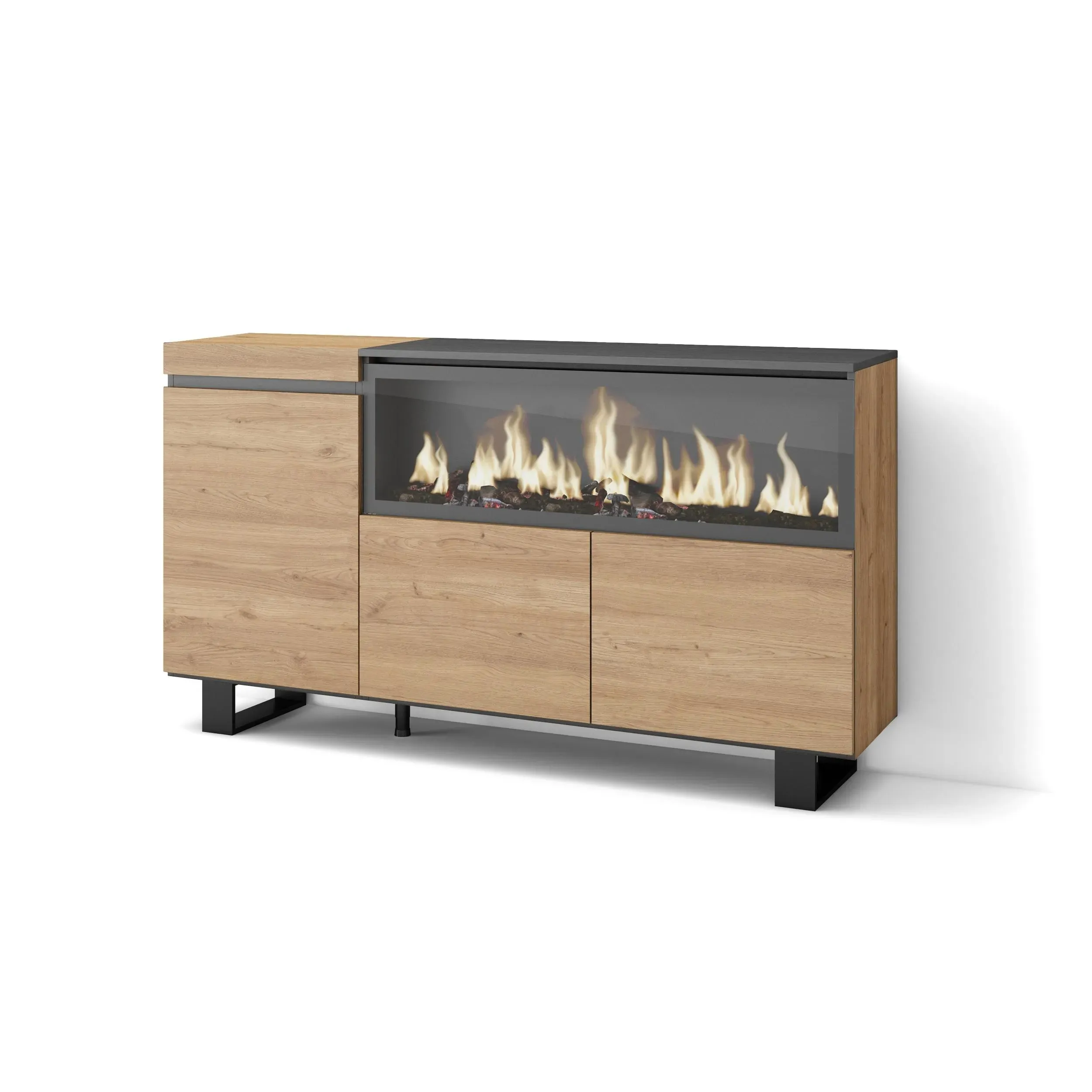 Buffet effet bois de chêne 158x35x87cm cheminée effet feu XXL