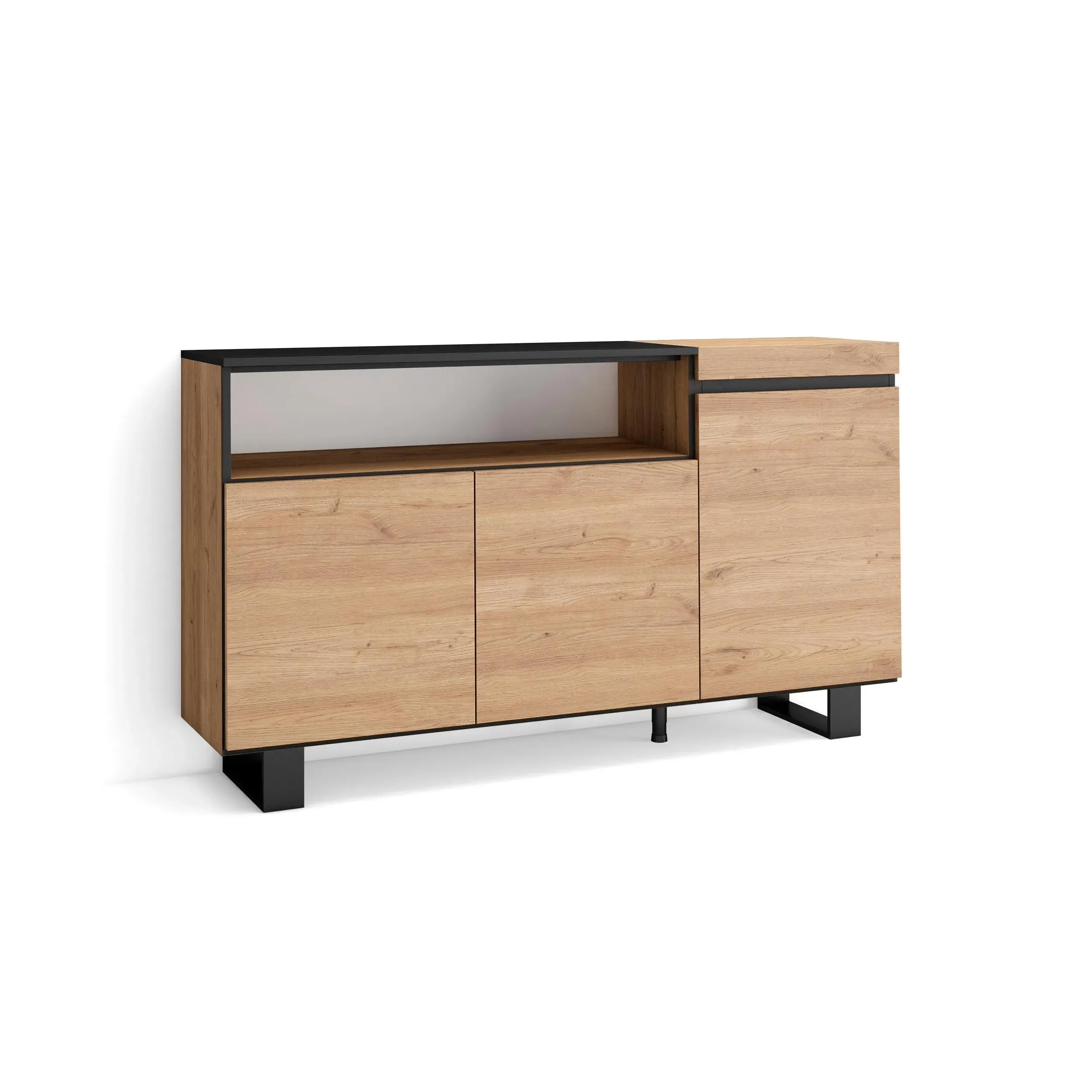 Buffet effet bois de chêne et noir 150x35x87cm avec pieds