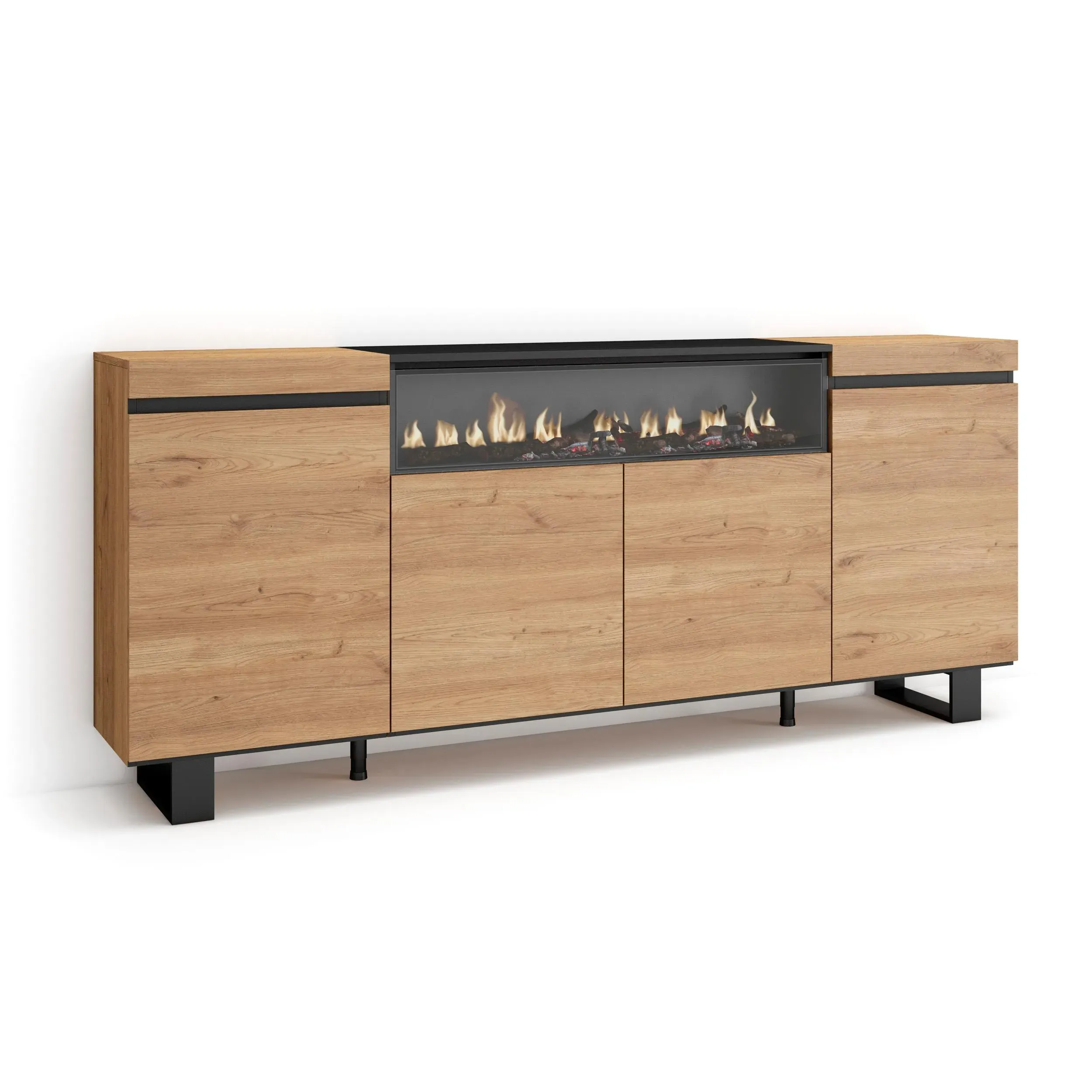 Buffet effet bois de chêne et noir 200x35x87cm cheminée effet feu