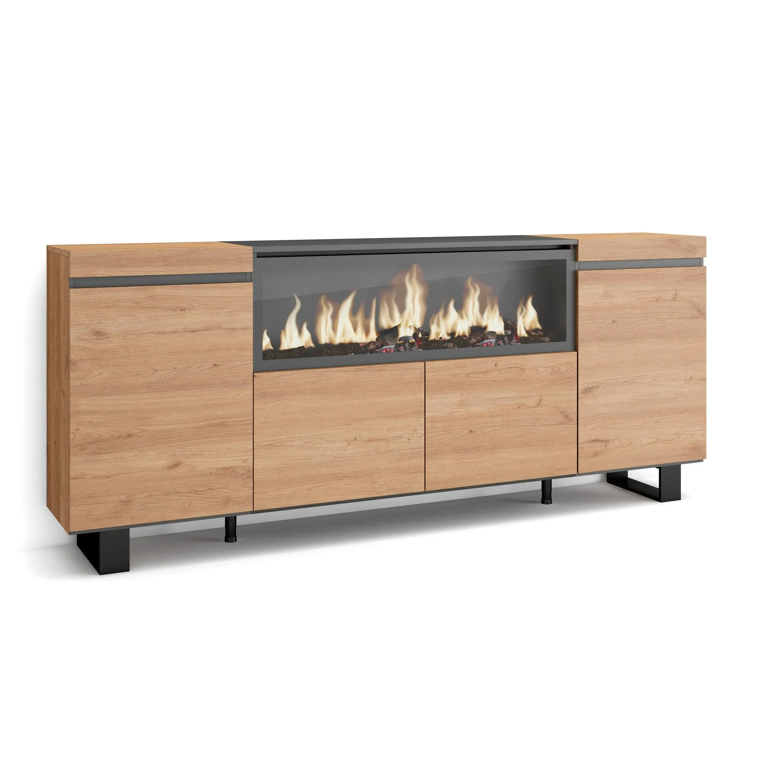 Buffet effet bois de chêne 208x35x87cm cheminée effet feu XXL