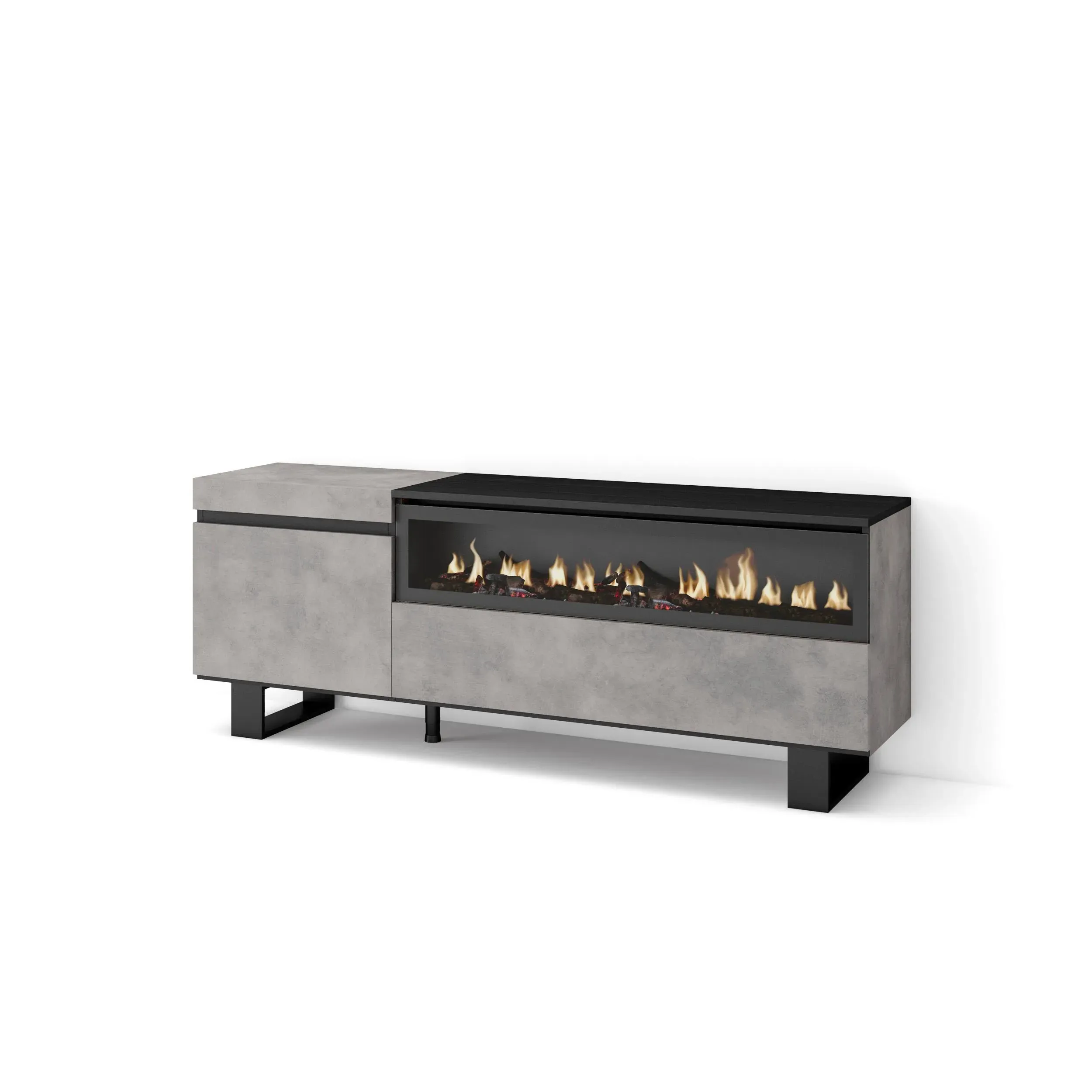 Meuble tv effet bois ciment 150x35x57cm cheminée effet feu