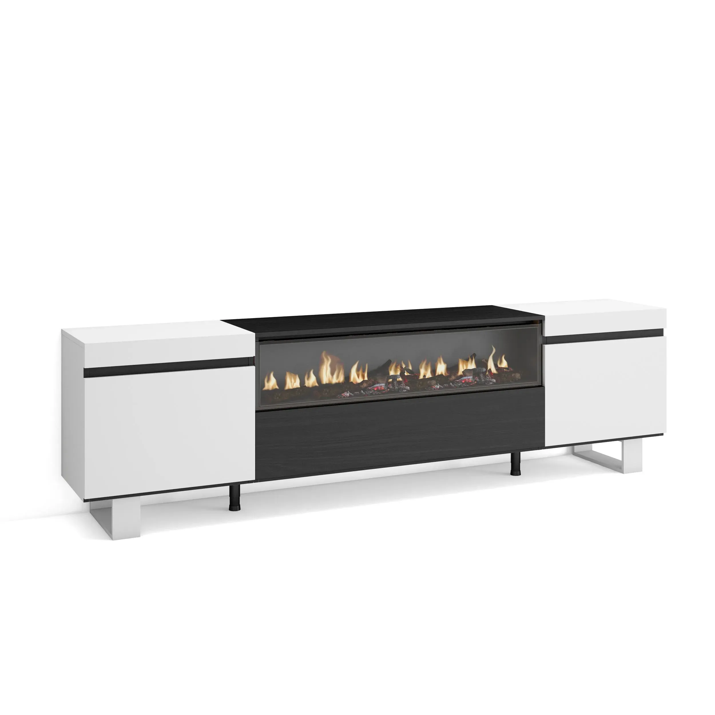 Meuble tv effet bois blanc et noir 200x35x57cm cheminée effet feu