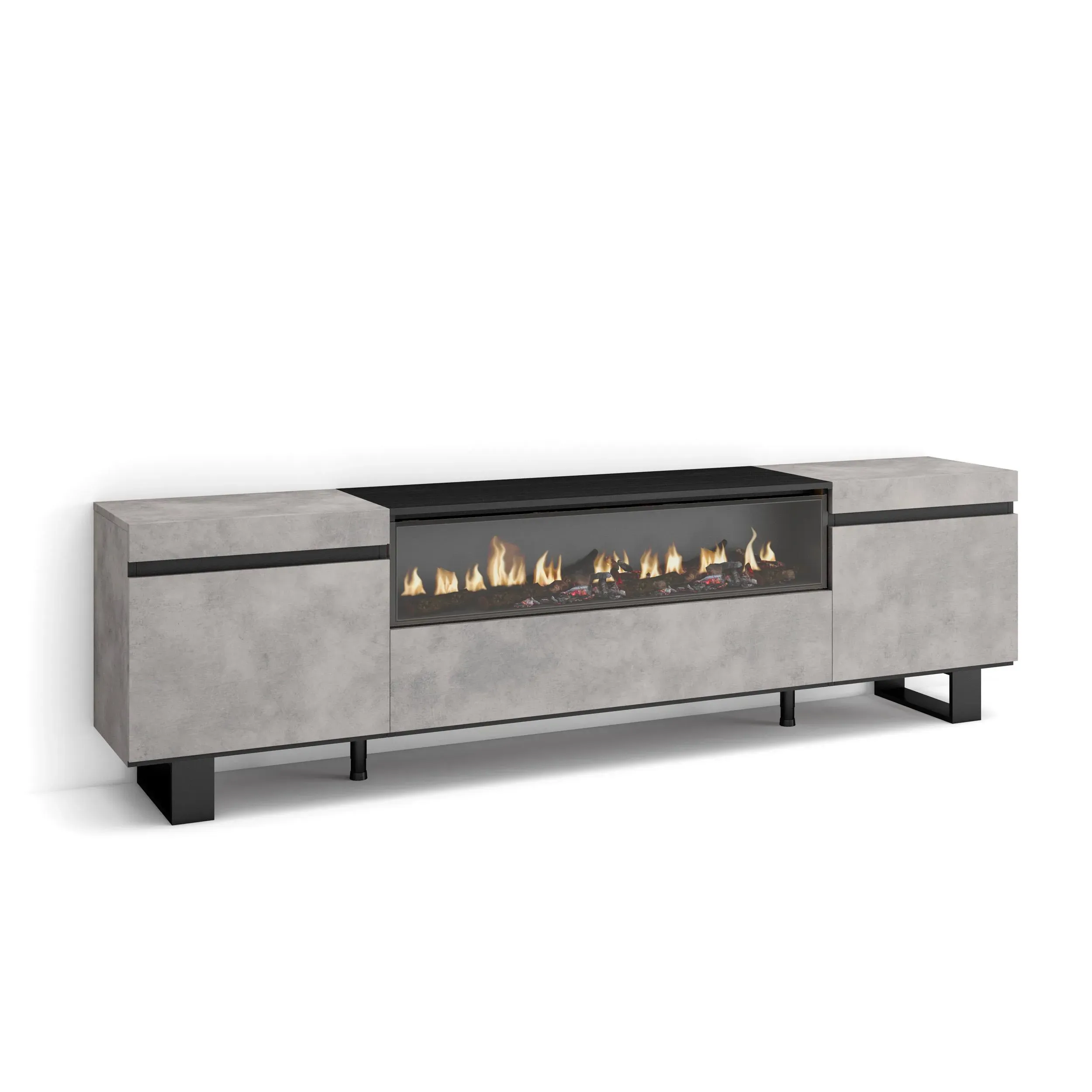 Meuble tv effet bois ciment 200x35x57cm cheminée effet feu