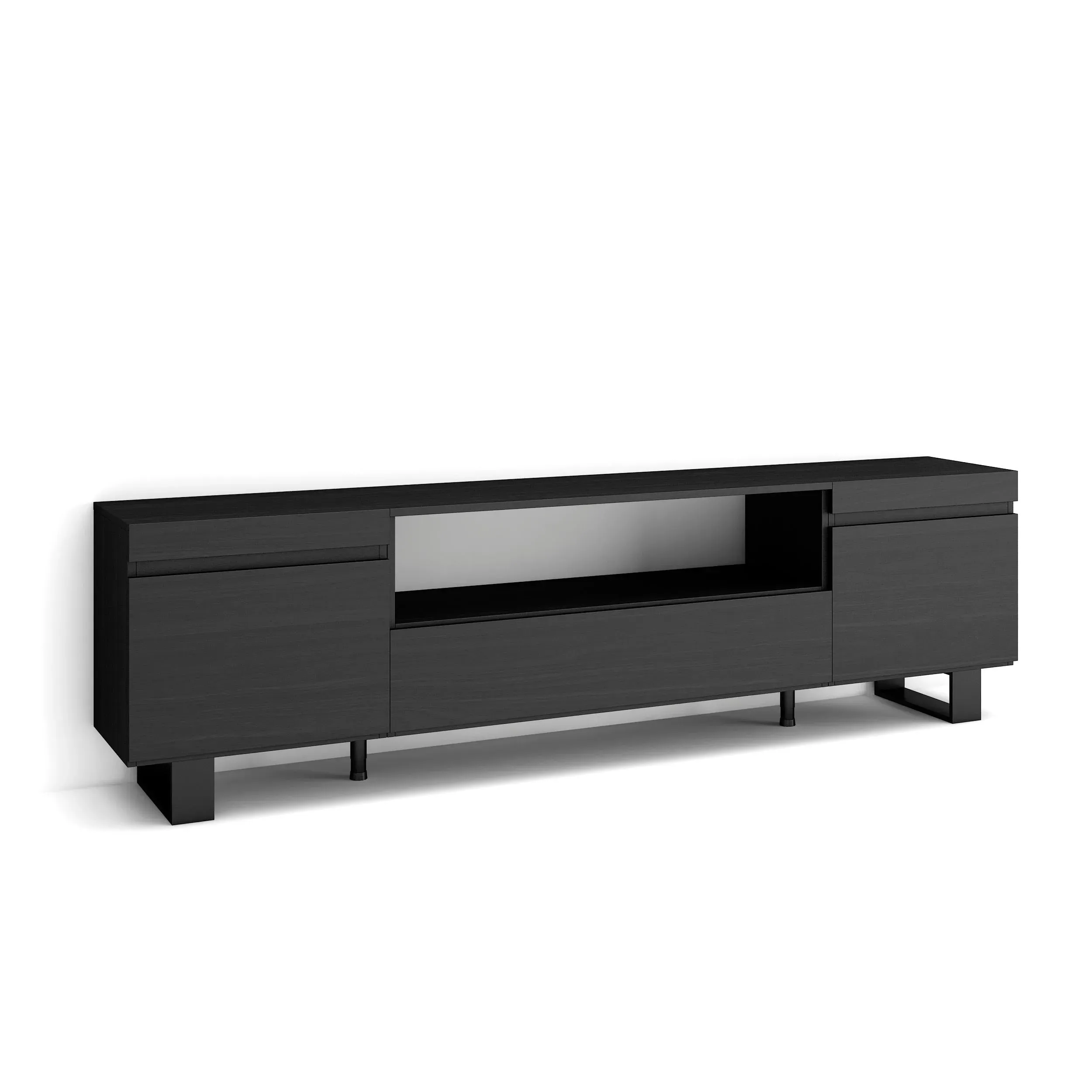 Meuble tv effet bois noir 200x35x57cm avec pieds