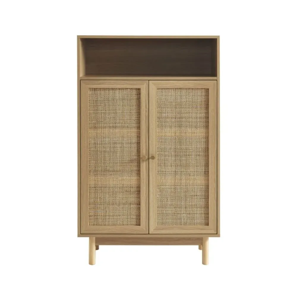 Buffet haut effet chêne et cannage rotin 2 portes 80 cm