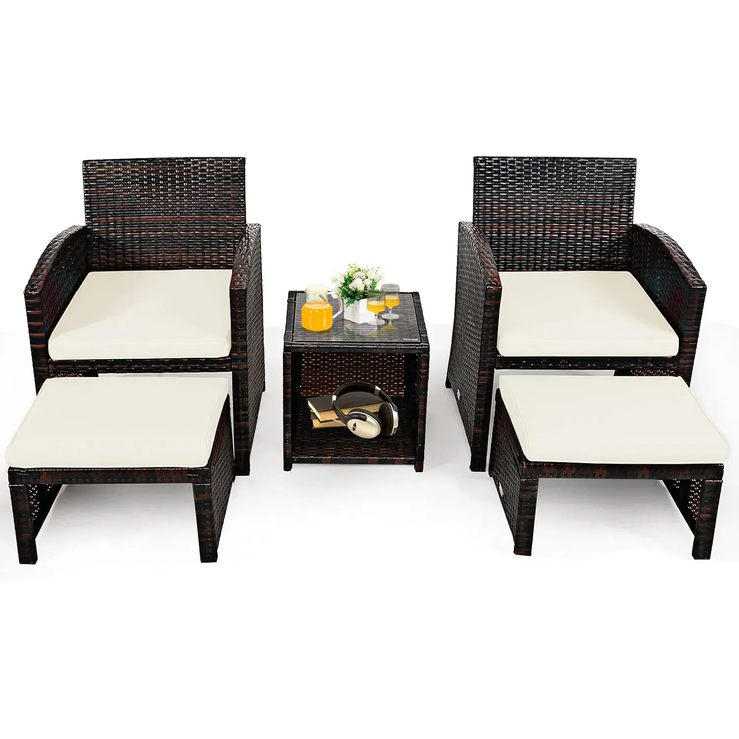 Salon de jardin 5 pièces 1 table basse plateau en verre blanc