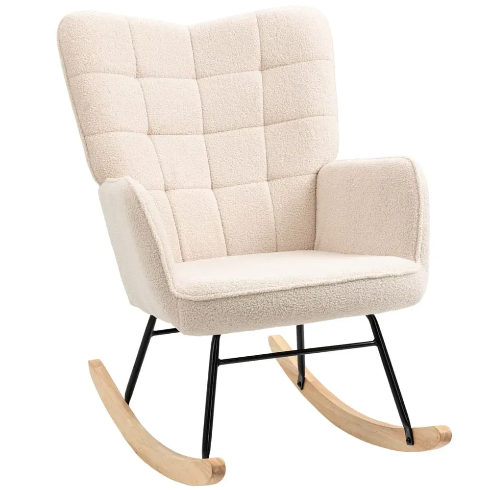 Fauteuil à bascule revêtement bouclette acier et bois massif beige