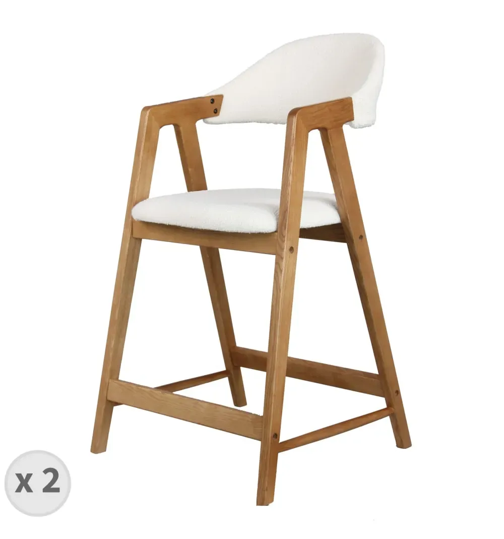 Chaise de bar en tissu Curly Ecru et Frêne naturel (x2)
